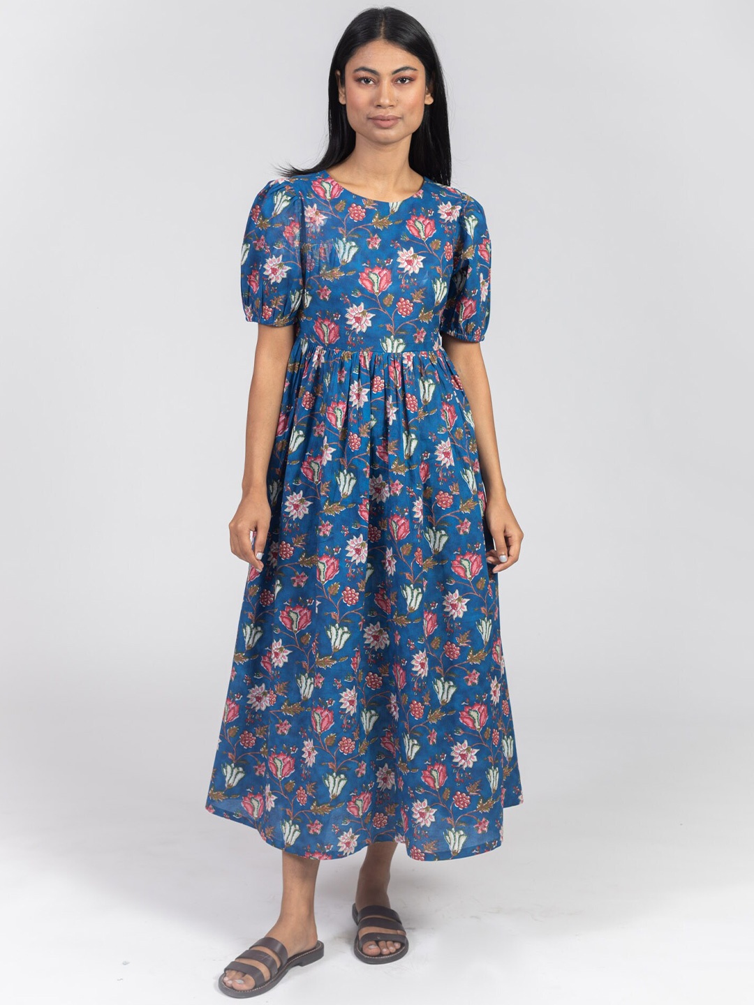 

KASYA Floral Print Puff Sleeve Cotton Fit & Flare Midi Dress, Blue