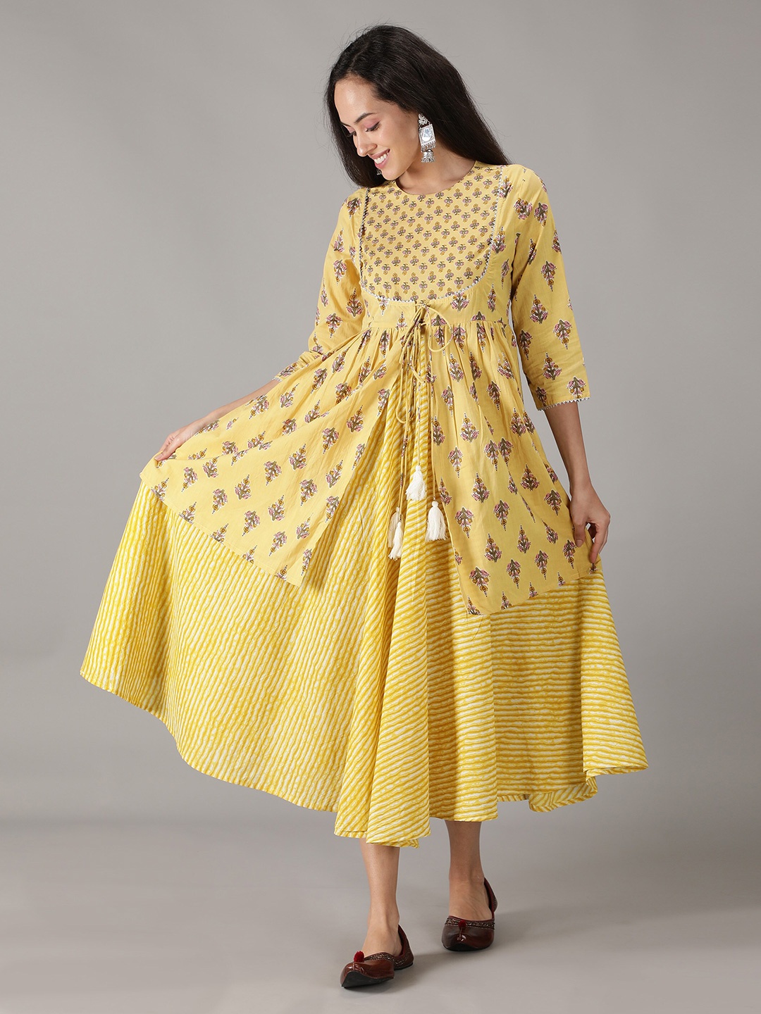 

KASYA Ethnic Motifs Print Cotton A-Line Midi Dress, Yellow