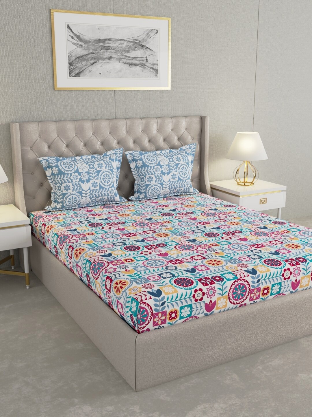 

Raymond Home White & Blue Ethnic Motifs Cotton144 TC Bedsheet with 2 Pillow Covers
