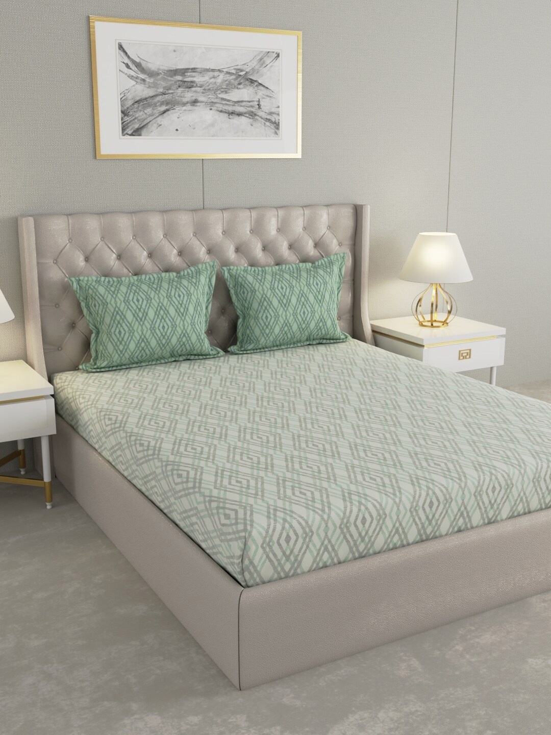 

Raymond Home Green Geometric Cotton 144 TC Queen Bedsheet with 2 Pillow Covers