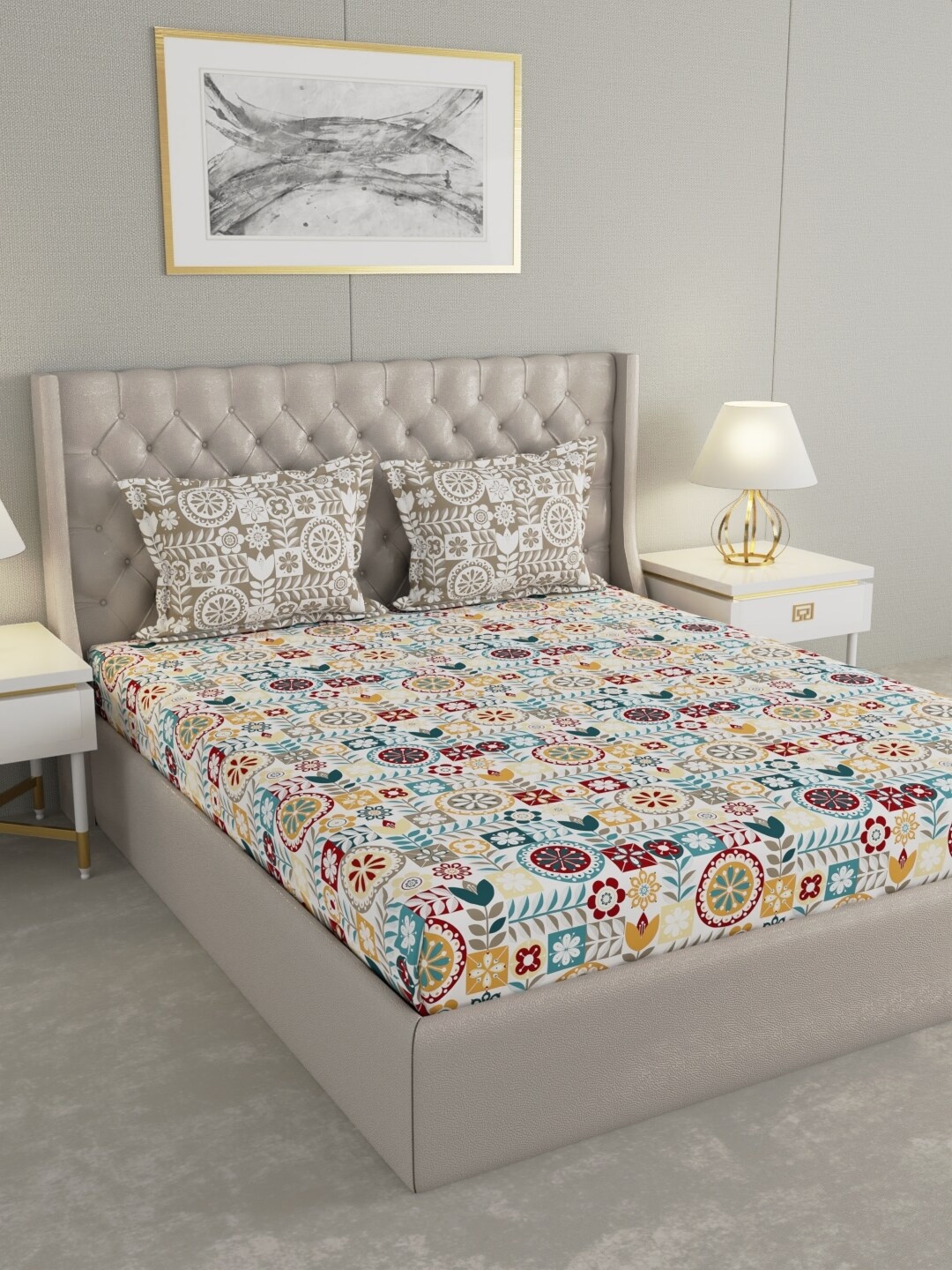 

Raymond Home White & Blue Floral Cotton 144 TC Queen Bedsheet with 2 Pillow Covers
