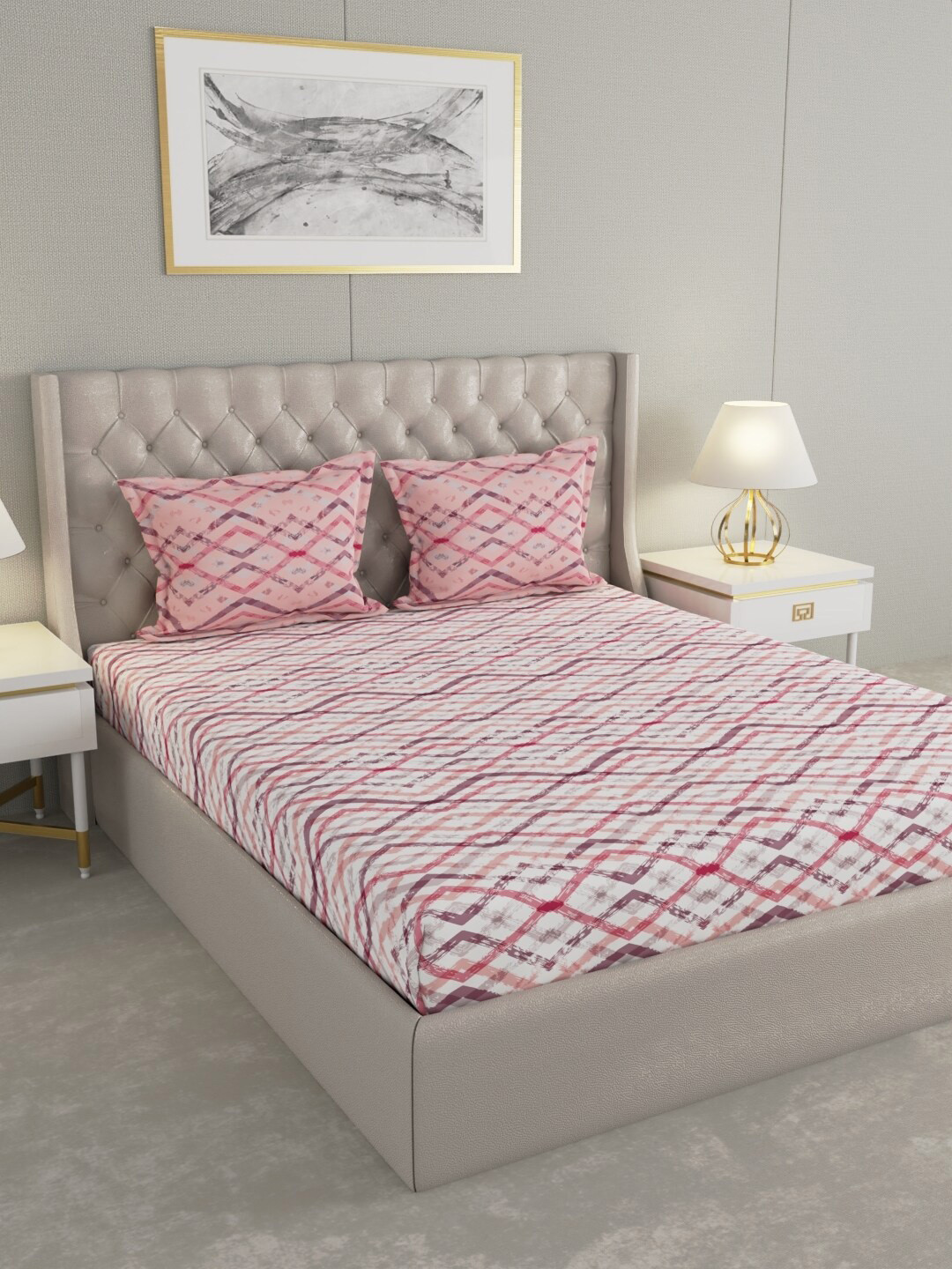 

Raymond Home White & Pink Geometric Cotton 144 TC Queen Bedsheet with 2 Pillow Covers