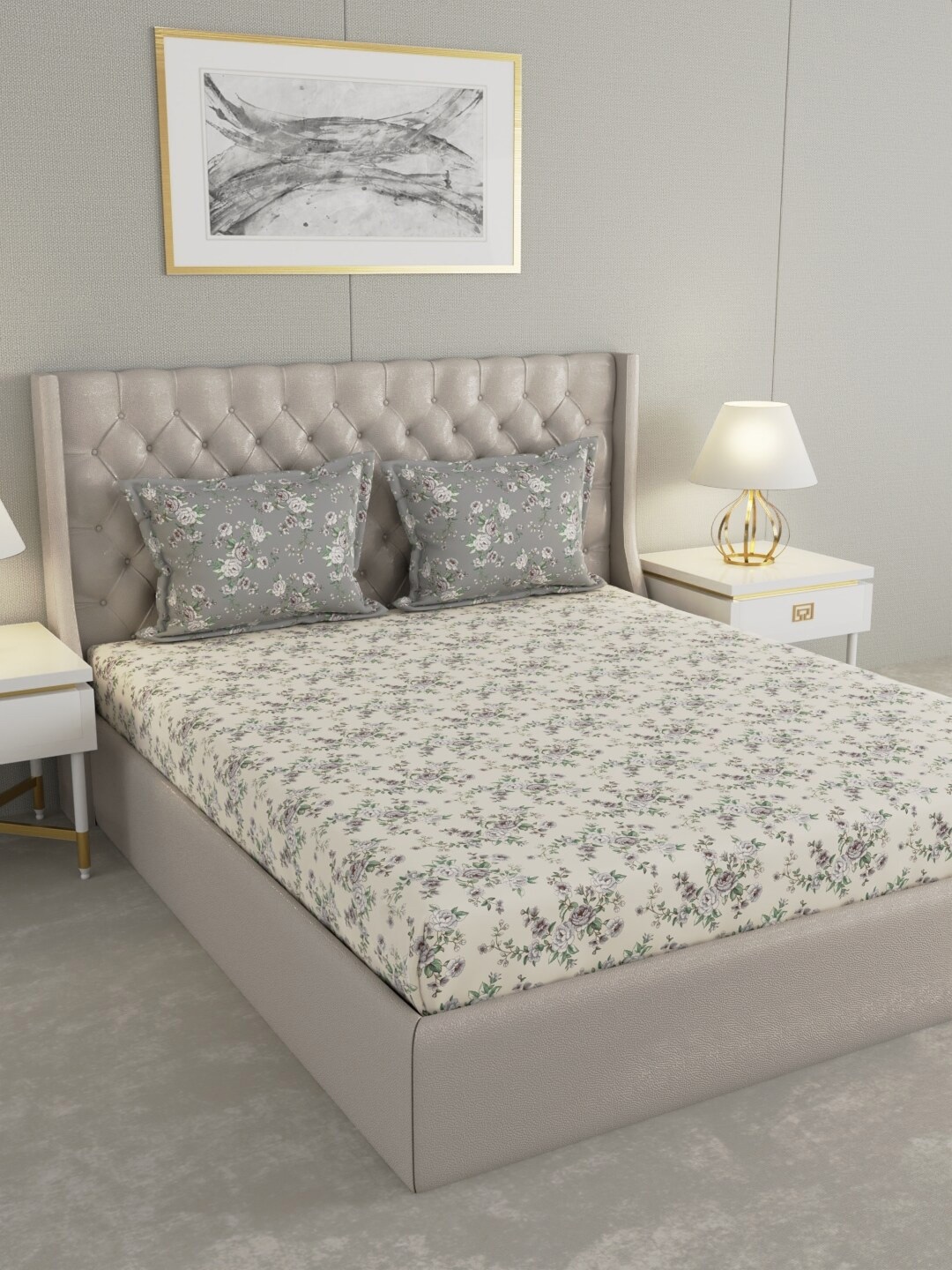 

Raymond Home Cream & Green Floral Cotton 144 TC Queen Bedsheet with 2 Pillow Covers