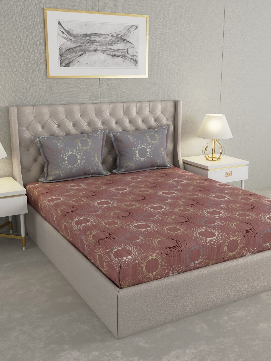 

Raymond Home Rust & Gold-Toned Geometric Cotton 144 TC Queen Bedsheet with 2 Pillow Covers