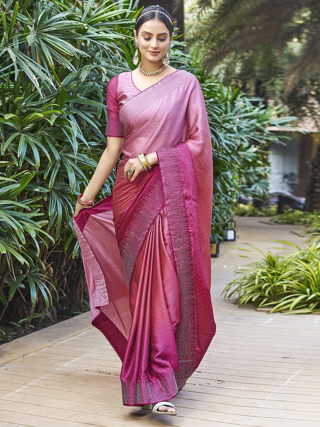 

Satrani Embellished Beads and Stones Saree, Peach
