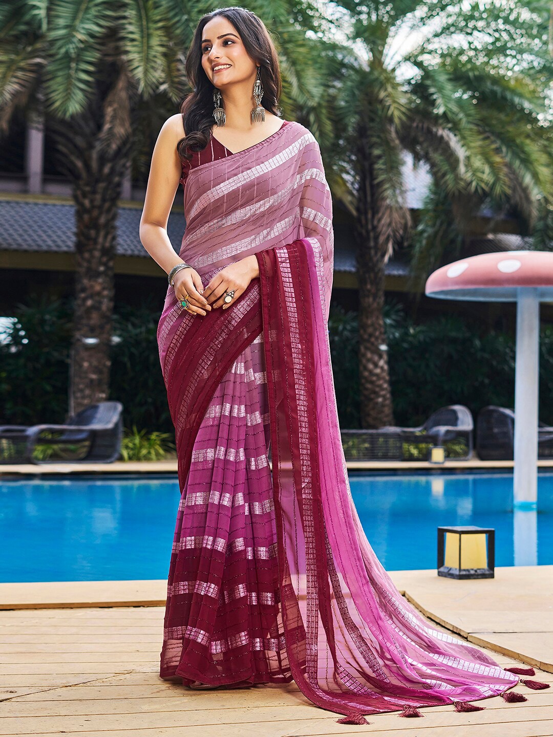 

Satrani Striped Beads and Stones Saree, Pink