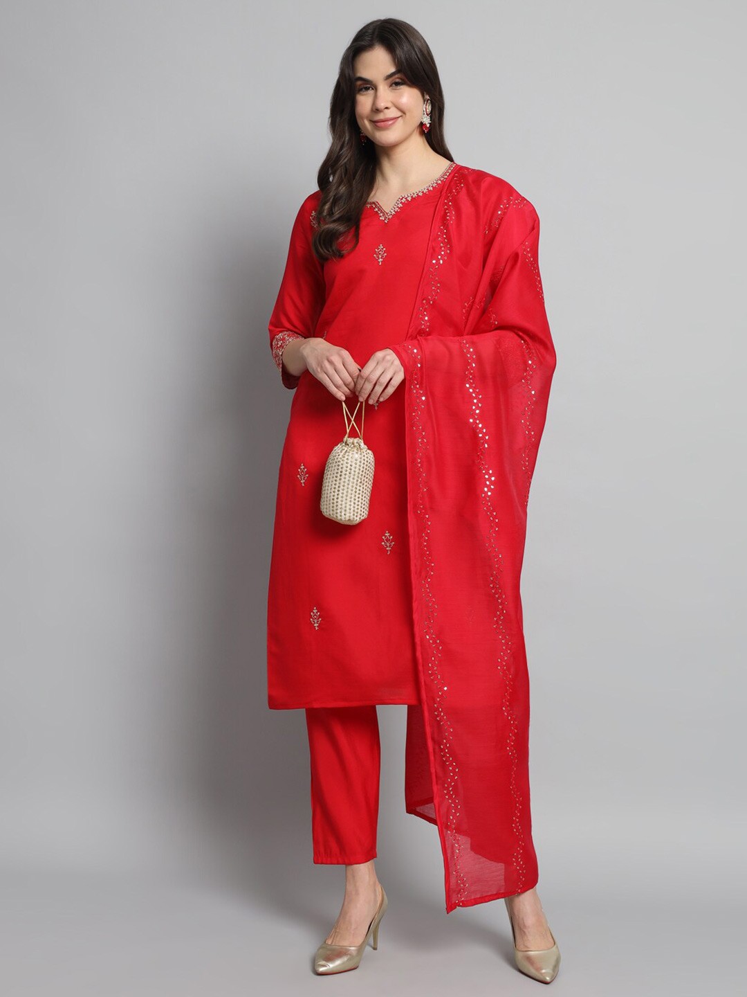 

J.KANJI Ethnic Motifs Yoke Design Regular Sequinned Kurta with Trousers & Dupatta, Red