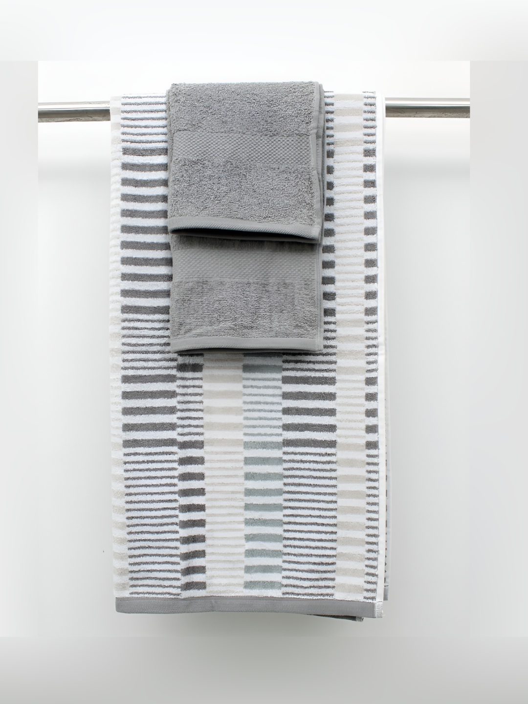 

AVI Living Grey & White 3 Piece Striped Pure Cotton 500 GSM Towel Set