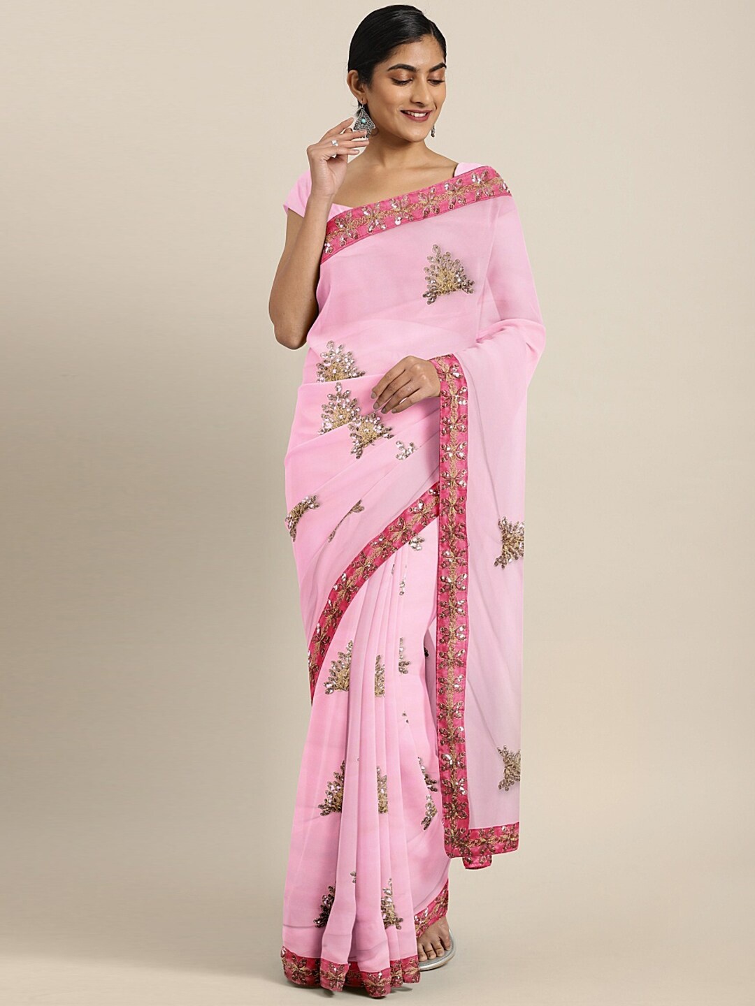 

Mitera Pink Ethnic Motifs Beads and Stones Saree