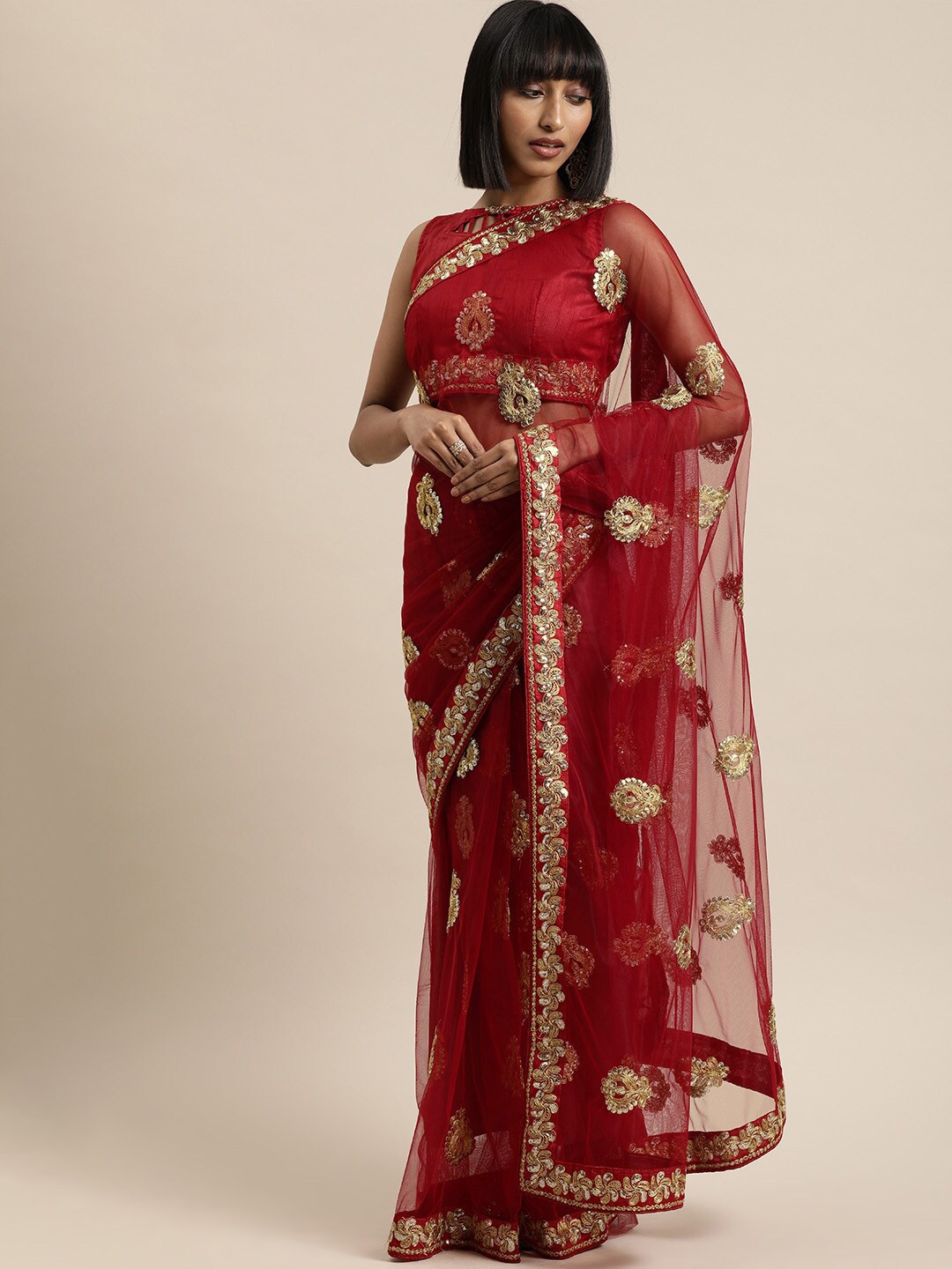 

Mitera Red Ethnic Motifs Beads and Stones Saree