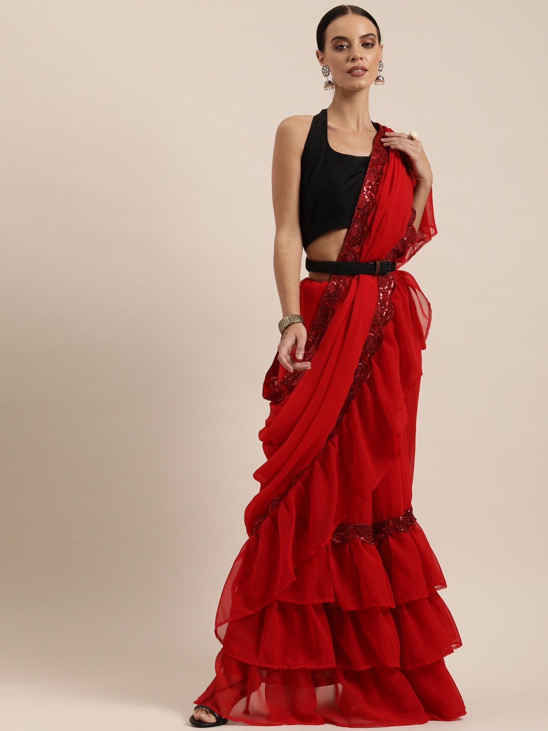 

Mitera Sequinned Georgette Saree, Red