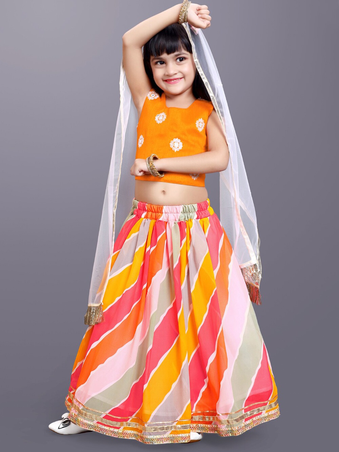 

BAESD Girls Embroidered Gotta Patti Ready to Wear Lehenga & Blouse With Dupatta, Orange