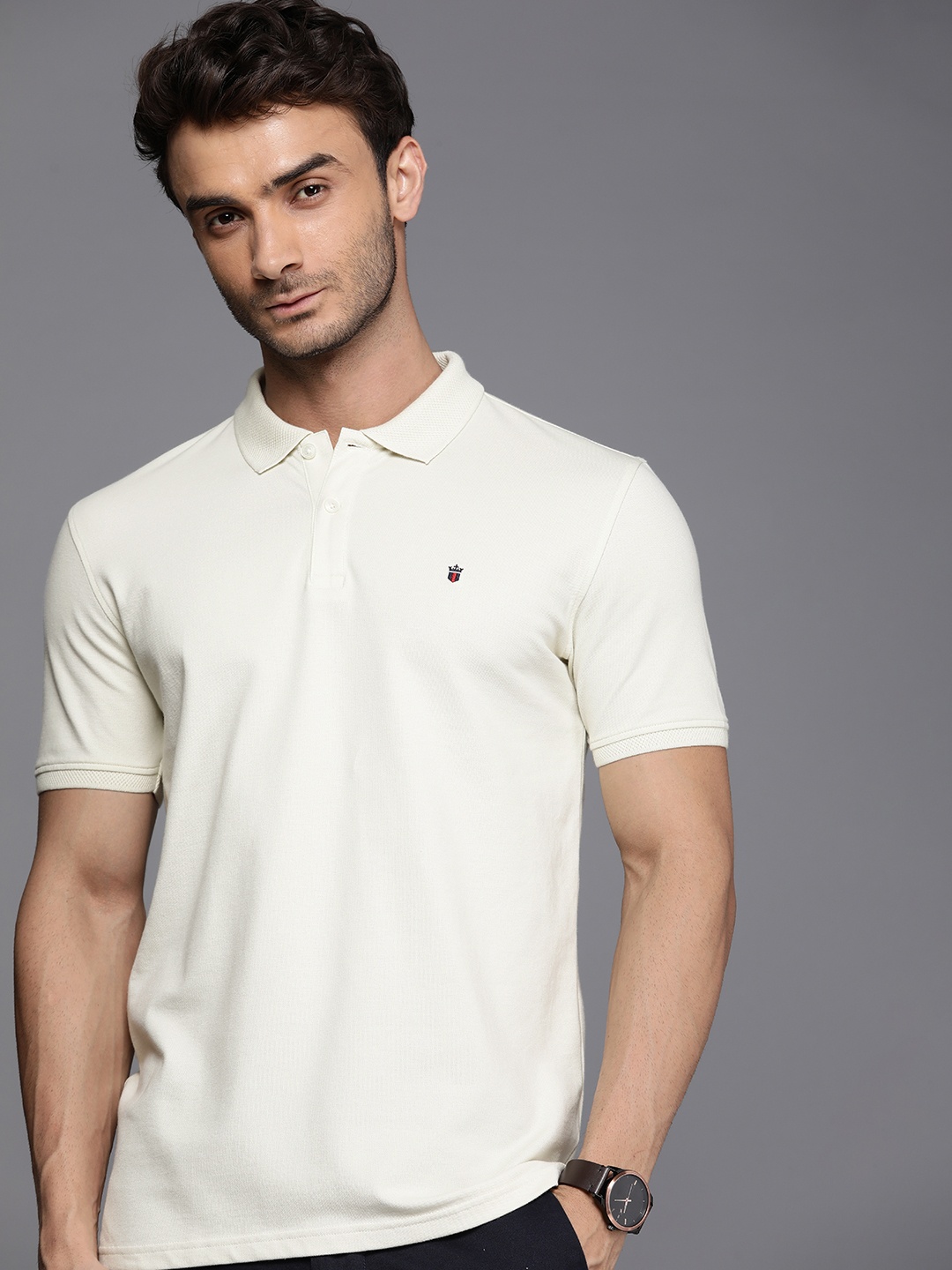 Louis Philippe Sport Men Polo Collar Pure Cotton Slim Fit T-shirt, White