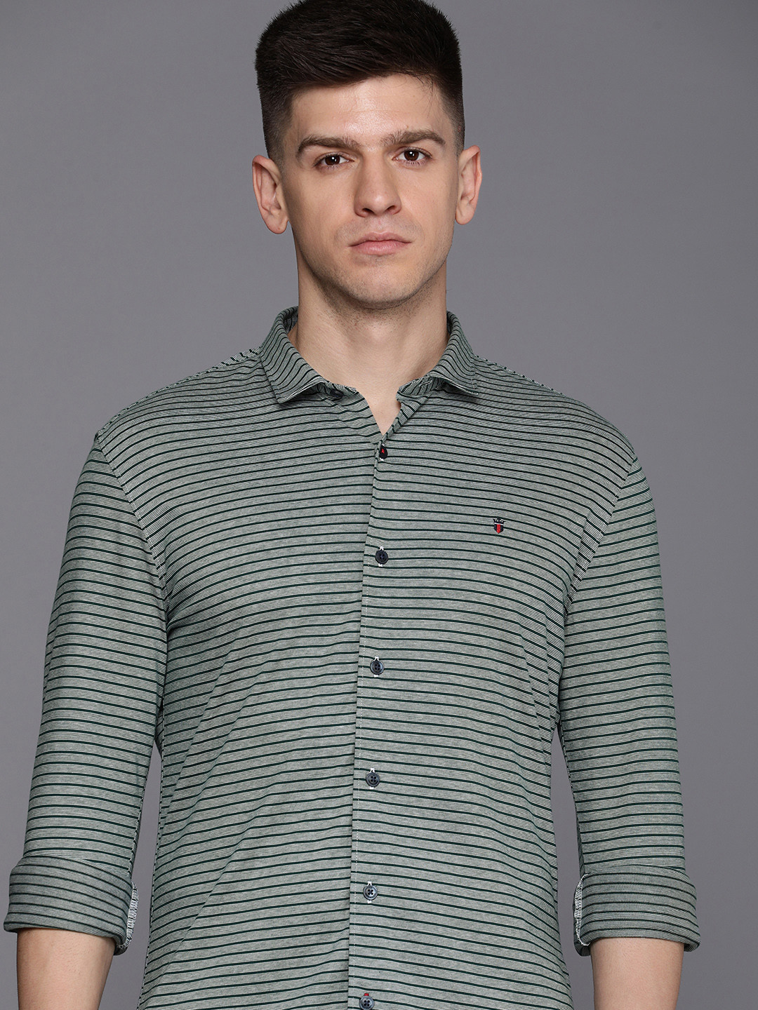 

Louis Philippe Sport Pure Cotton Smart Slim Fit Striped Casual Shirt, Green