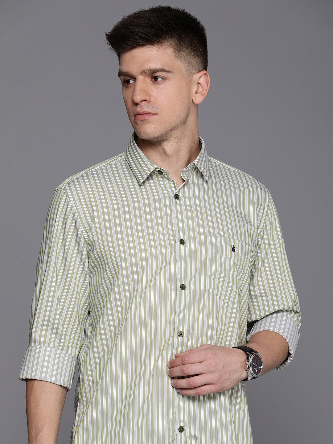 

Louis Philippe Sport Pure Cotton Slim Fit Striped Casual Shirt, Olive