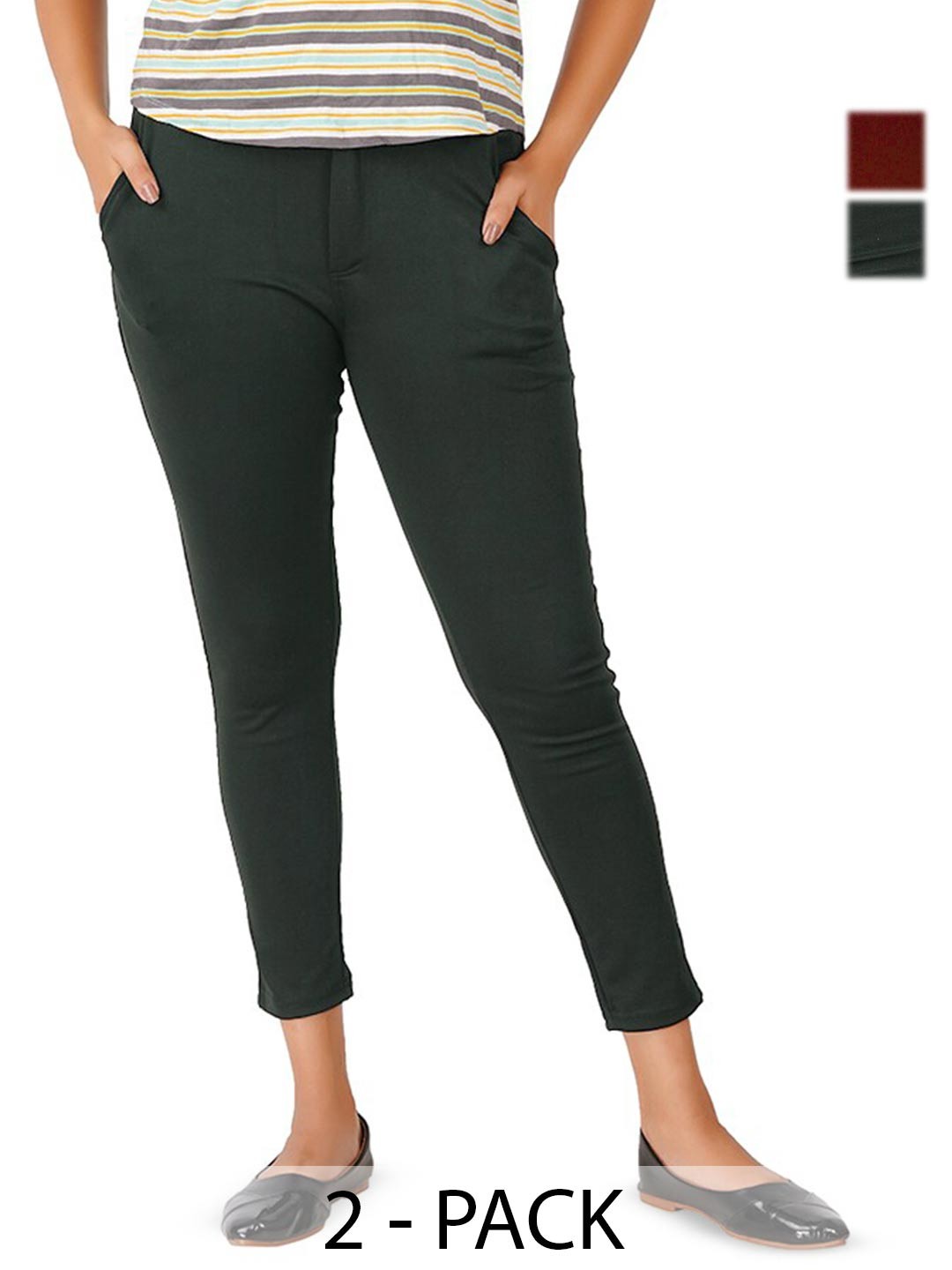 

BAESD Women Pack Of 2 Skinny Fit Lycra Cropped Jeggings, Maroon