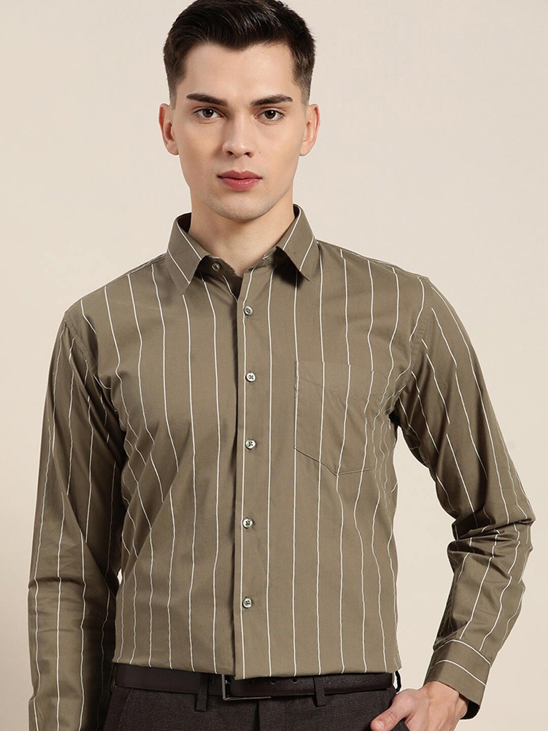 

Hancock Comfort Plus Size Vertical Striped Cotton Formal Shirt, Olive