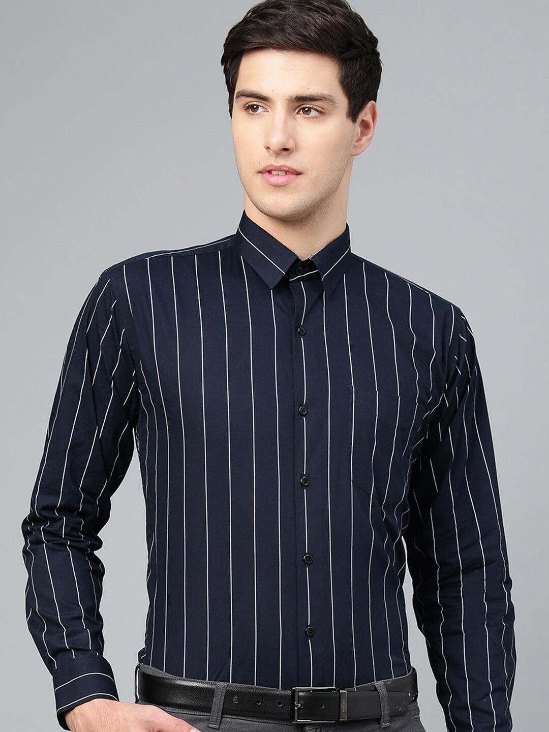 

Hancock Comfort Plus Size Vertical Stripes Spread Collar Long Sleeves Cotton Formal Shirt, Navy blue