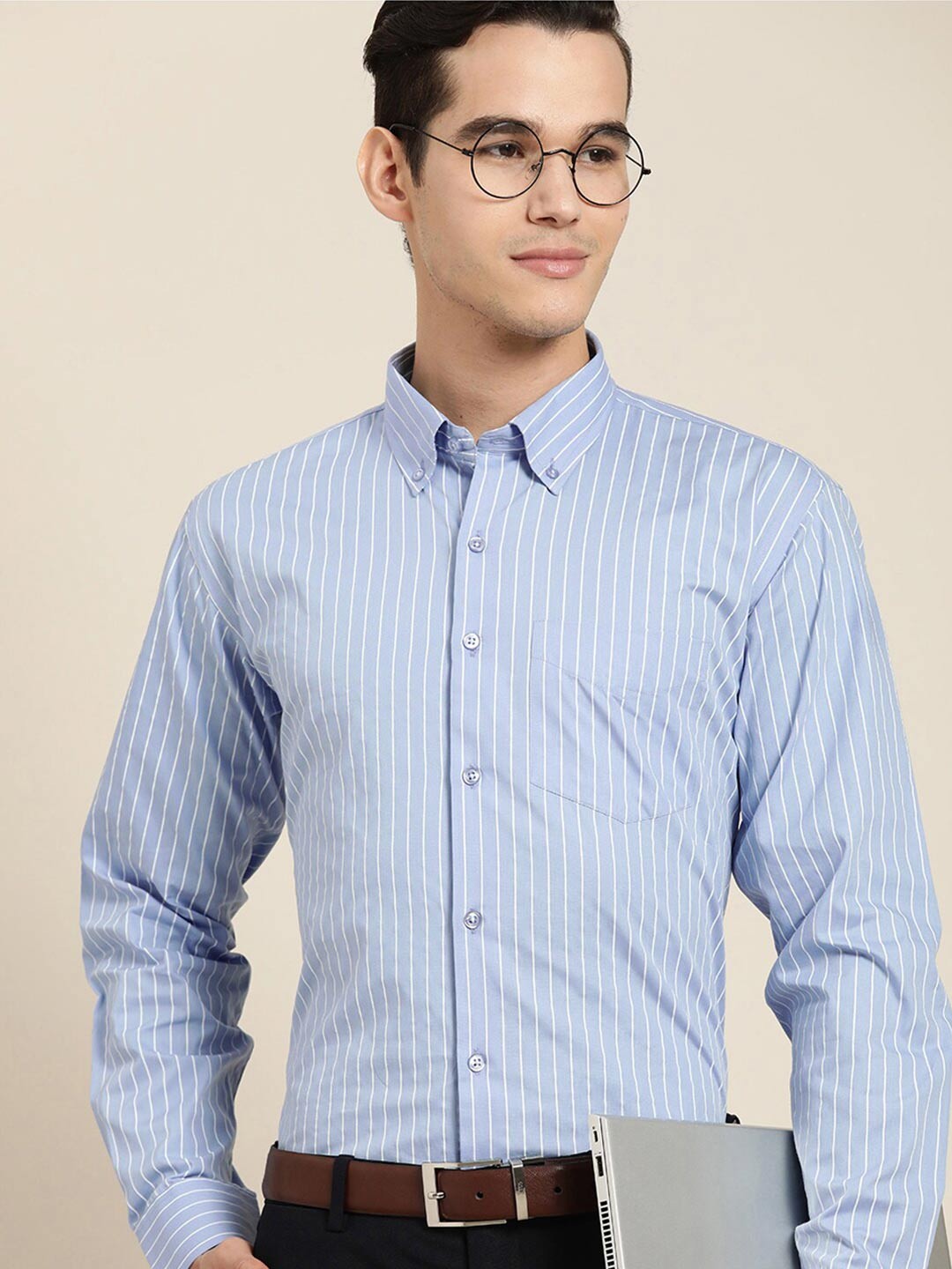 

Hancock Comfort Plus Size Vertical Stripes Button-Down Collar Cotton Formal Shirt, Blue