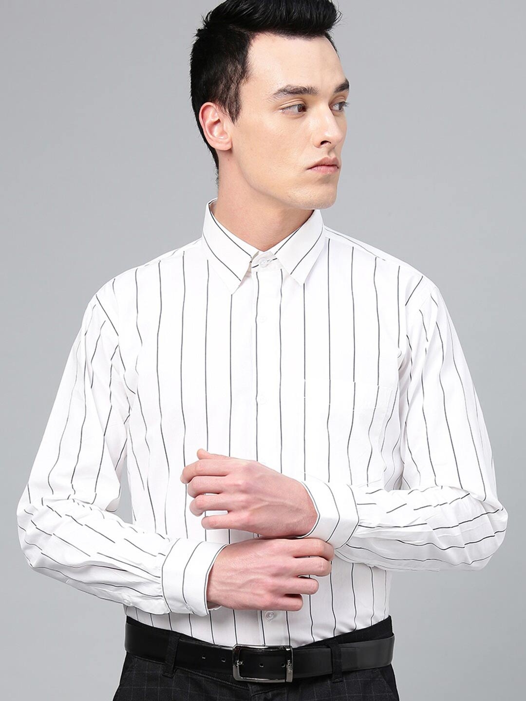 

Hancock Comfort Plus Size Vertical Stripes Opaque Cotton Formal Shirt, White