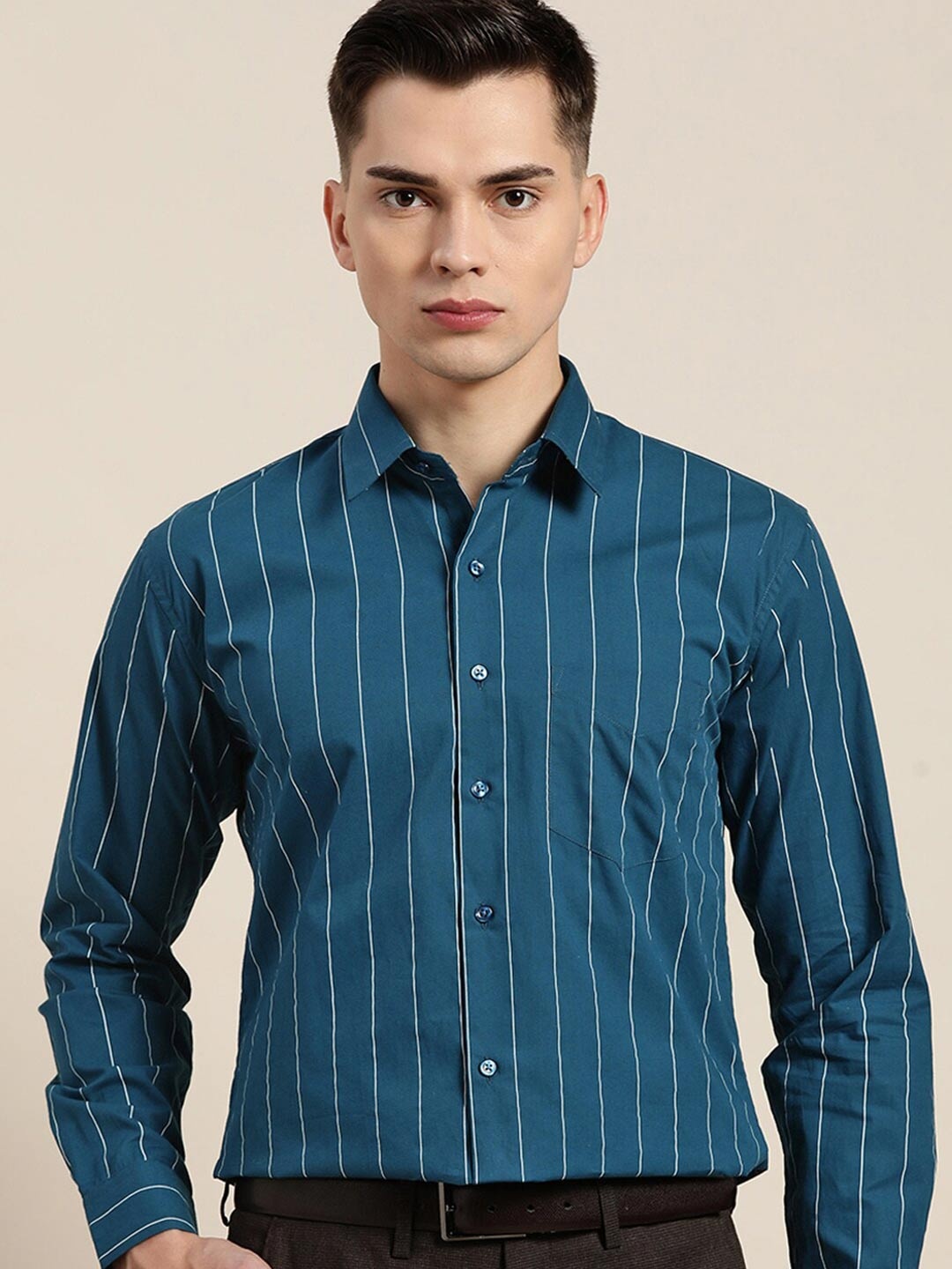 

Hancock Plus Size Comfort Vertical Stripes Spread Collar Long Sleeves Cotton Formal Shirt, Turquoise blue