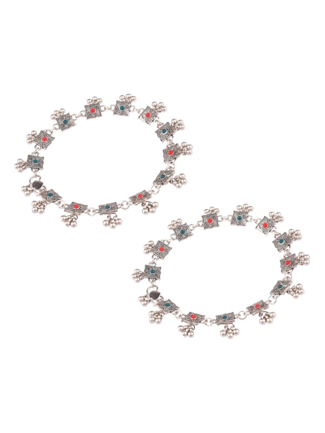 

Efulgenz Rhodium-Plated Crystals-Studded & Beaded Bracelet-Style Anklets, Silver