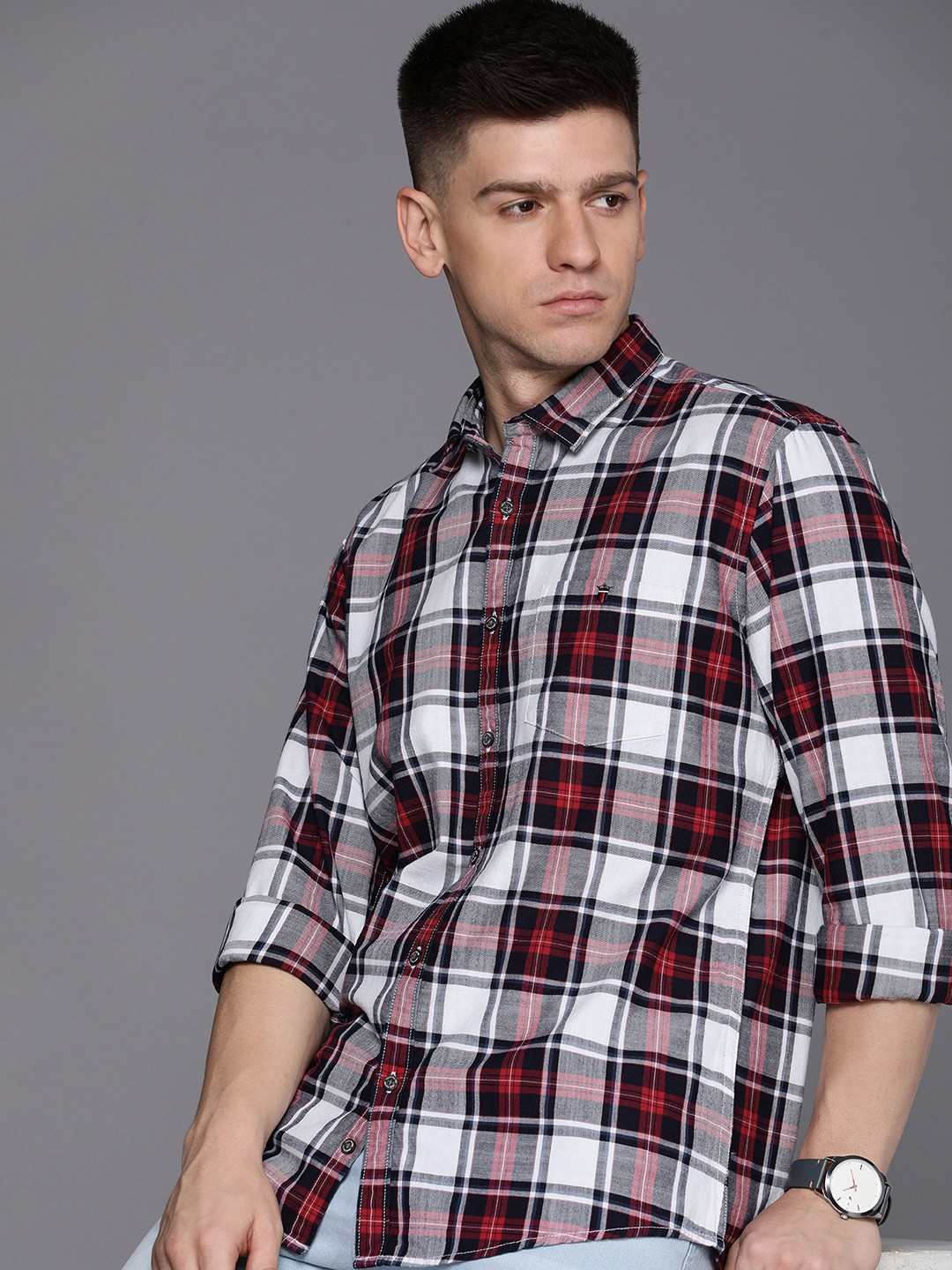 

Louis Philippe Jeans Men Slim Fit Tartan Checks Pure Cotton Casual Shirt, Red