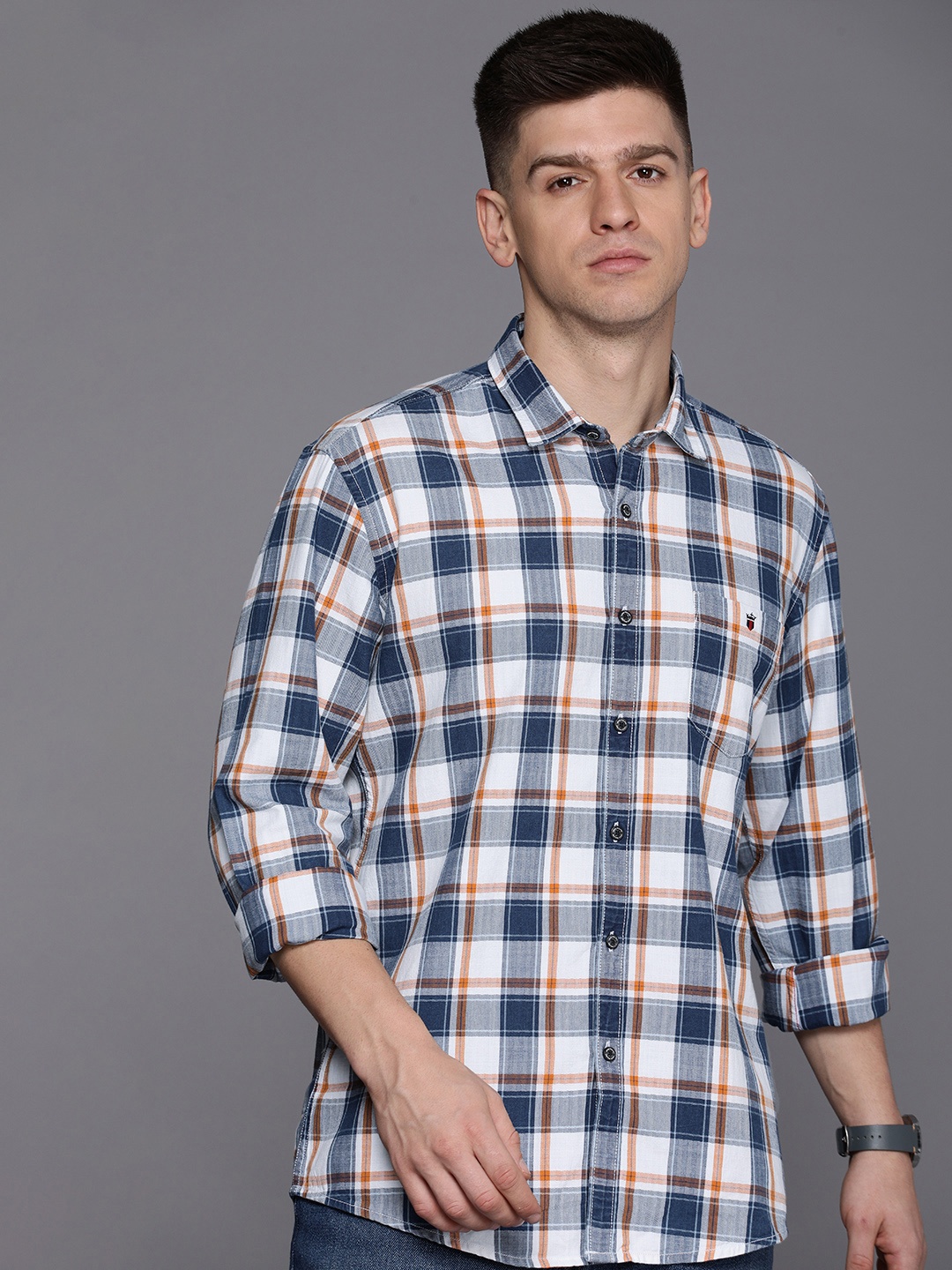 

Louis Philippe Jeans Slim Fit Checked Pure Cotton Casual Shirt, Blue
