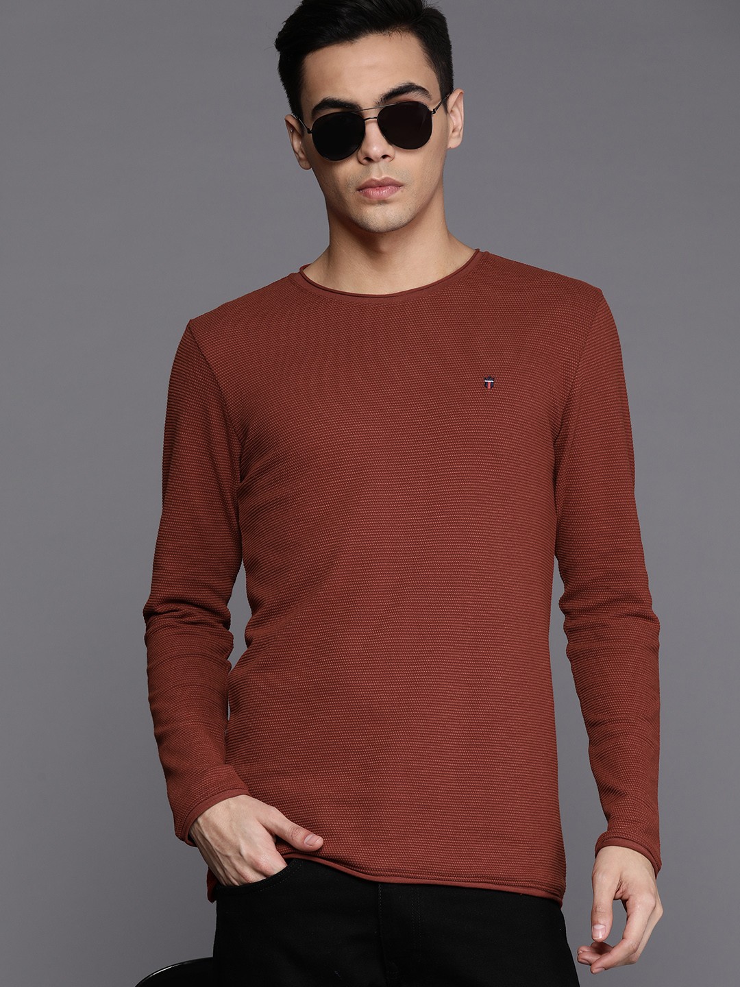 

Louis Philippe Jeans Men Pure Cotton Textured Slim Fit T-shirt, Rust