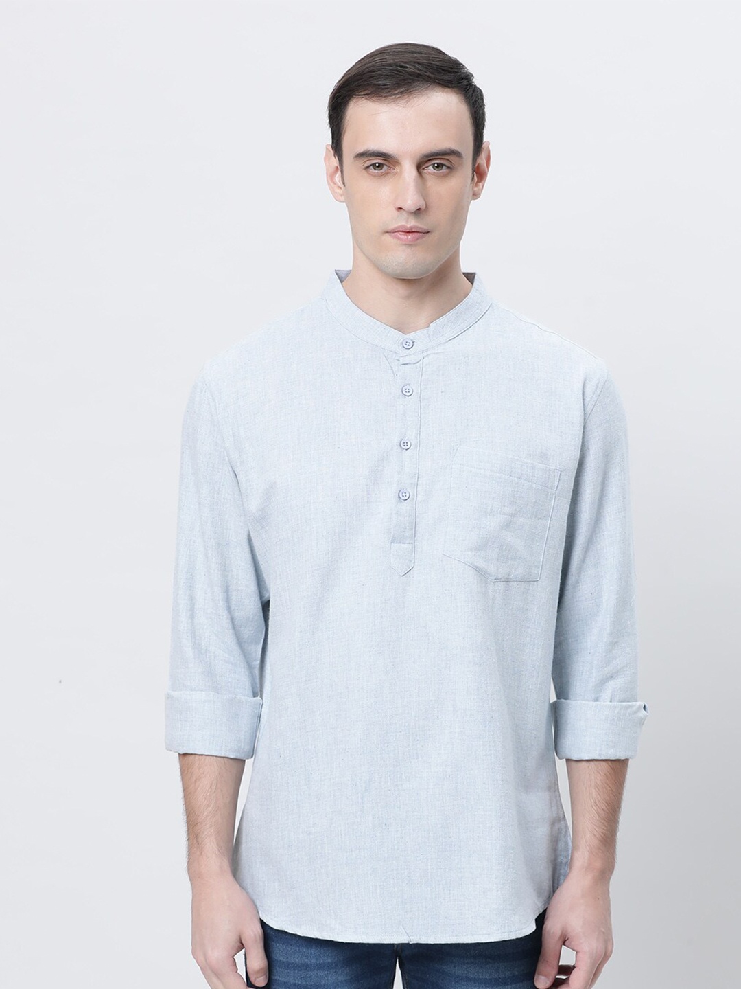 

THE SOUL PATROL Melange Cotton Mandarin Collar Short Kurta, Blue