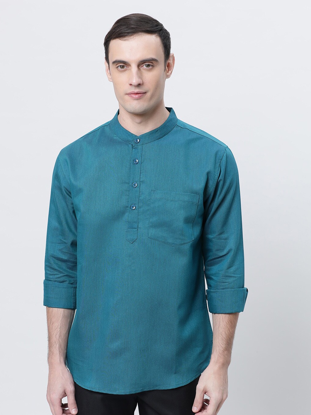 

THE SOUL PATROL Mandarin Collar Pure Cotton Short Straight Kurta, Blue