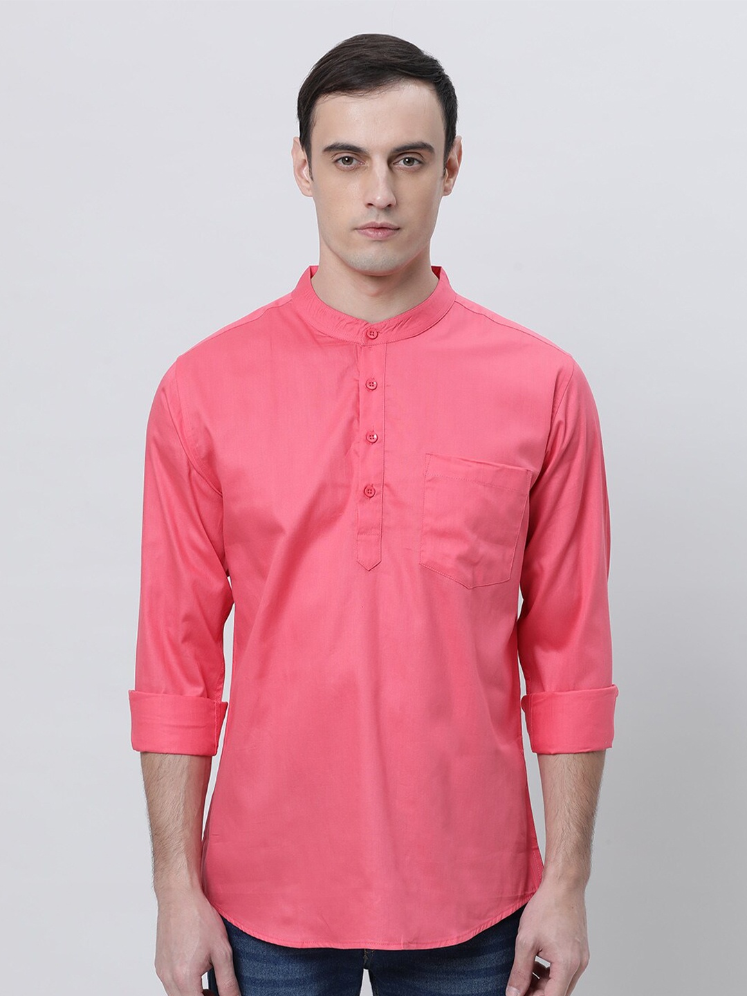 

THE SOUL PATROL Mandarin Collar Long Roll-Up Sleeves Kurta, Pink
