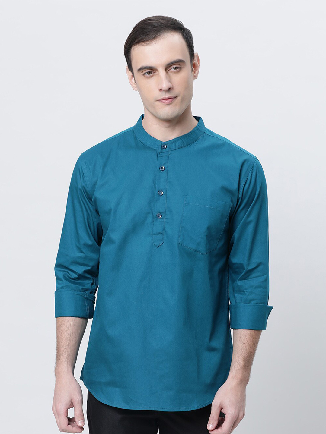 

THE SOUL PATROL Mandarin Collar Long Roll-Up Sleeves Kurta, Blue