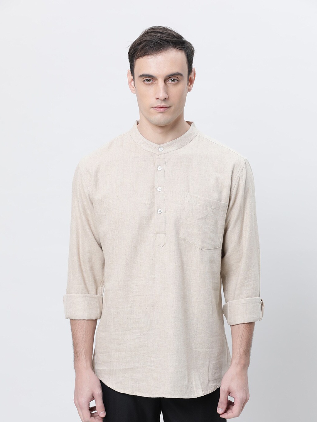 

THE SOUL PATROL Mandarin Collar Pure Cotton Short Straight Kurta, Beige