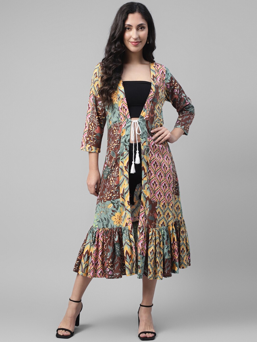 

DEEBACO Ethnic Motifs Printed Longline Tie-Up Shrug, Brown