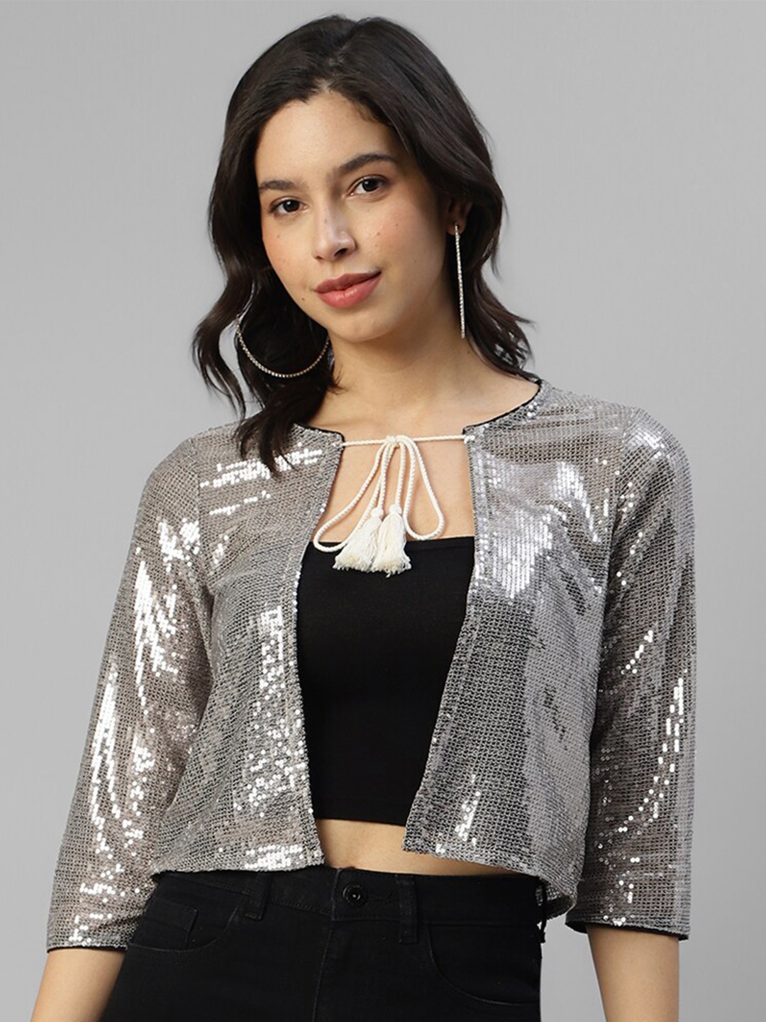 

DEEBACO Sequinned Embellished Tie-Up Shrug, Silver