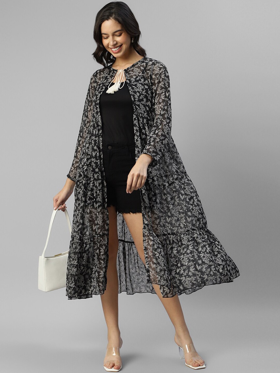 

DEEBACO Floral Printed Longline Tie-Up Shrug, Black