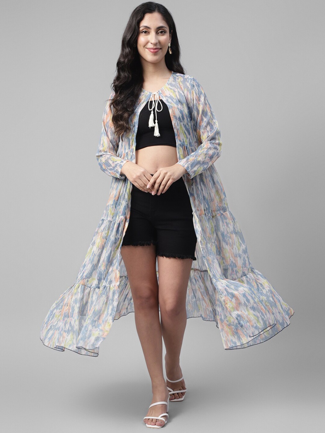 

DEEBACO Abstract Printed Gathered Detailed Longline Tie-Up Shrug, Grey