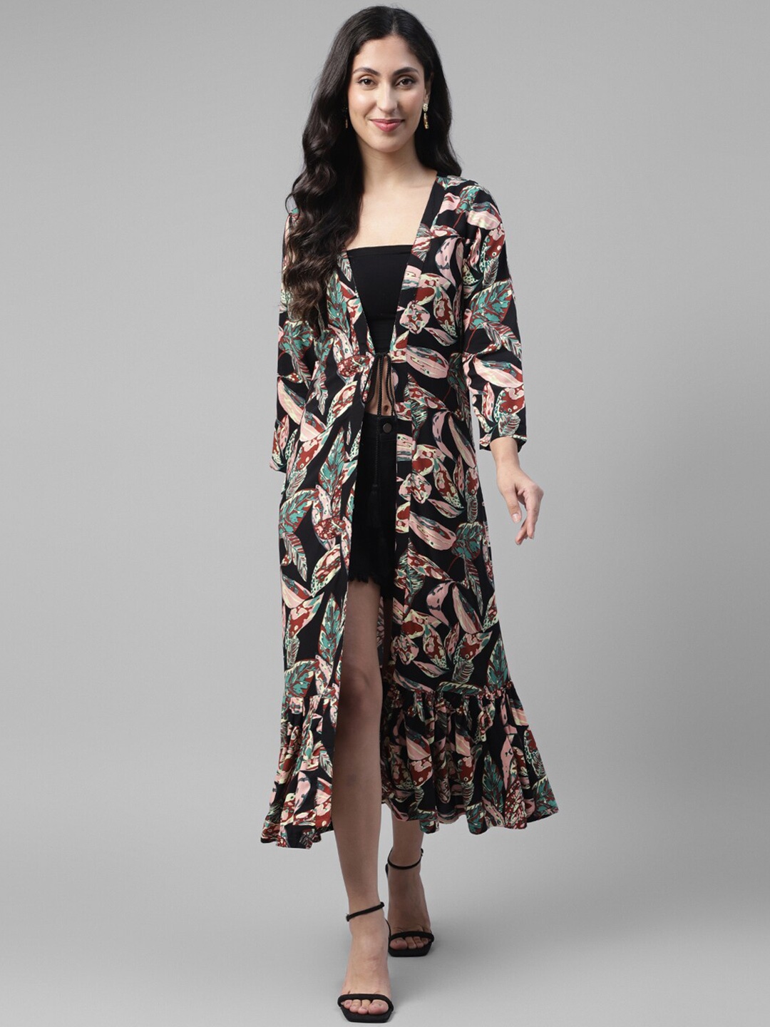 

DEEBACO Floral Printed Gathered Detailed Longline Tie-Up Shrug, Black