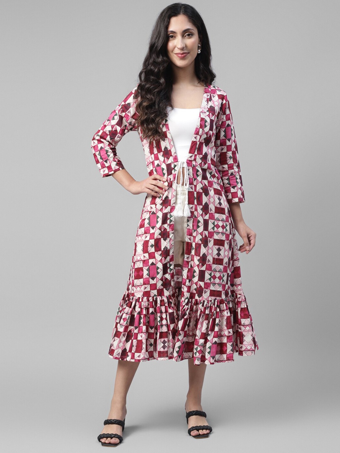 

DEEBACO Geometric Printed Gathered Detailed Longline Tie-Up Shrug, Pink