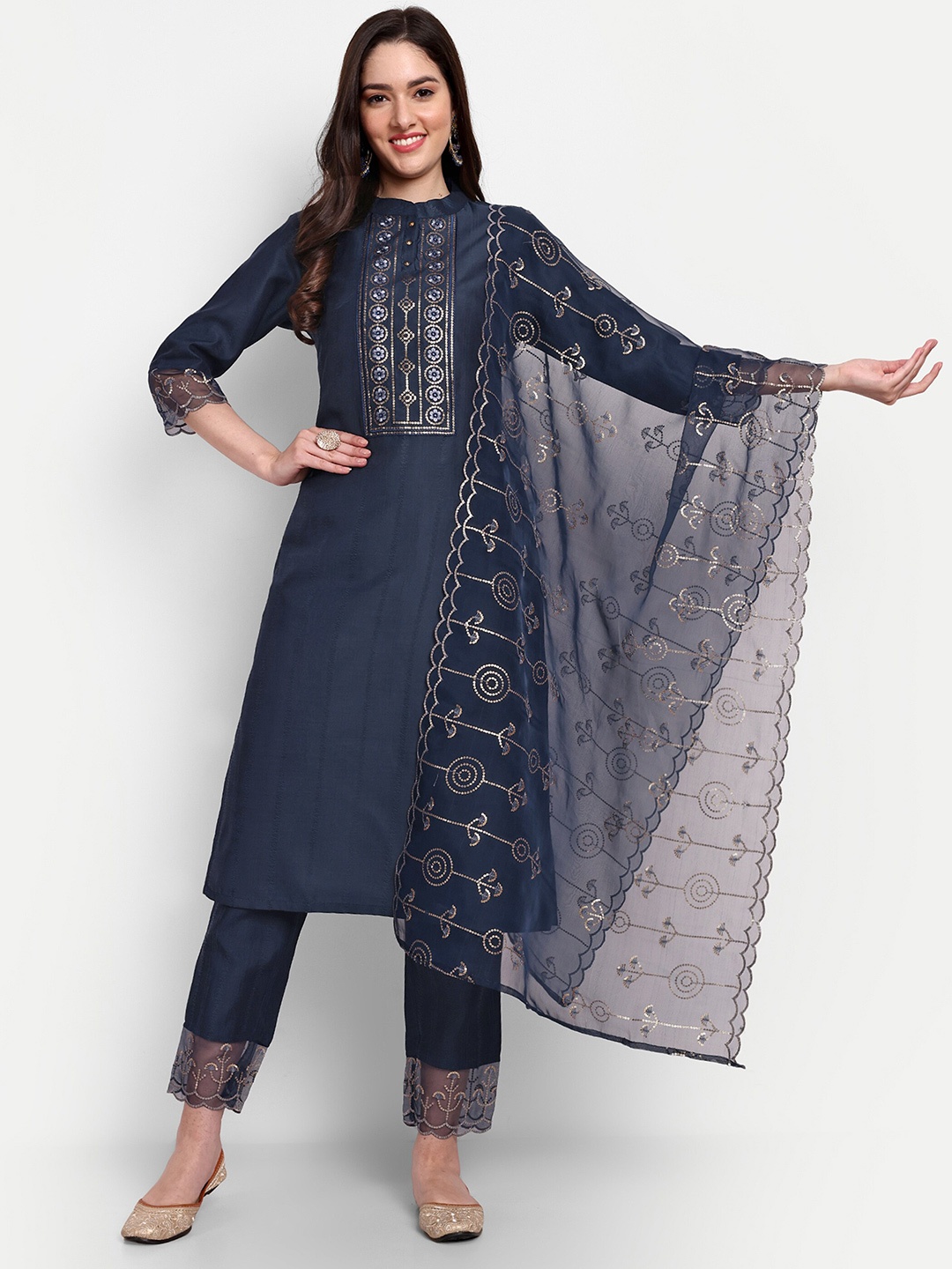 

J.KANJI Ethnic Motifs Yoke Design Thread Work Kurta With Trousers & Dupatta, Grey