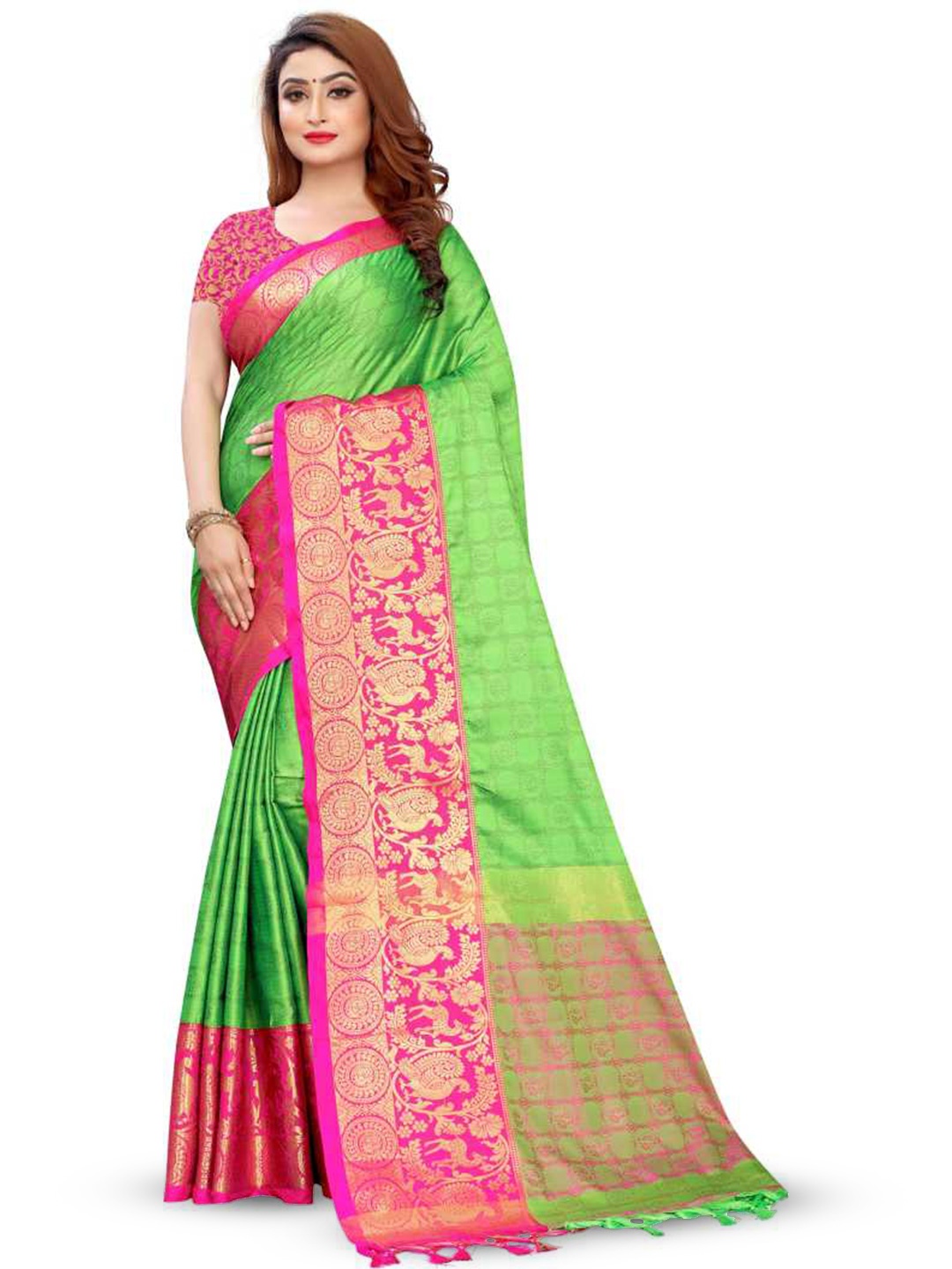 

Lyunica Floral Woven Design Zari Soft Silk Saree, Green