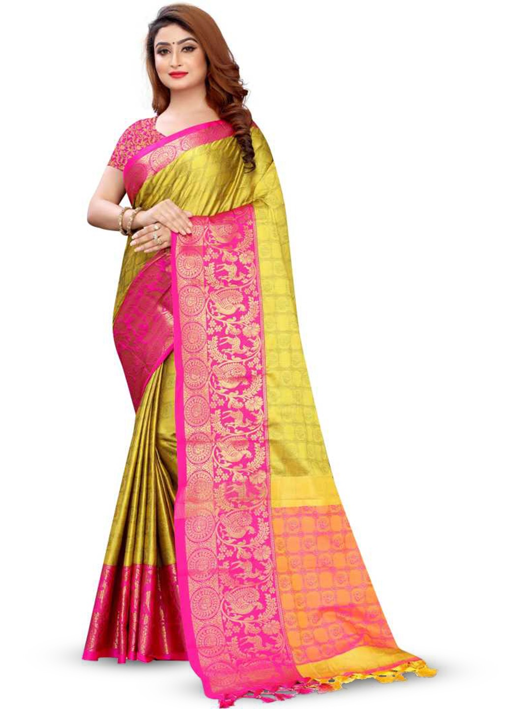 

Lyunica Floral Woven Design Zari Narayan Peth Saree, Yellow