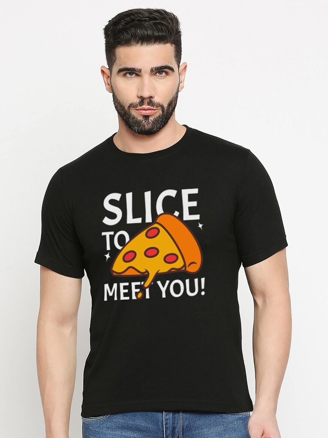 MOD ECRU Typography Printed V-Neck Short Sleeves Cotton Applique T-shirt, Black