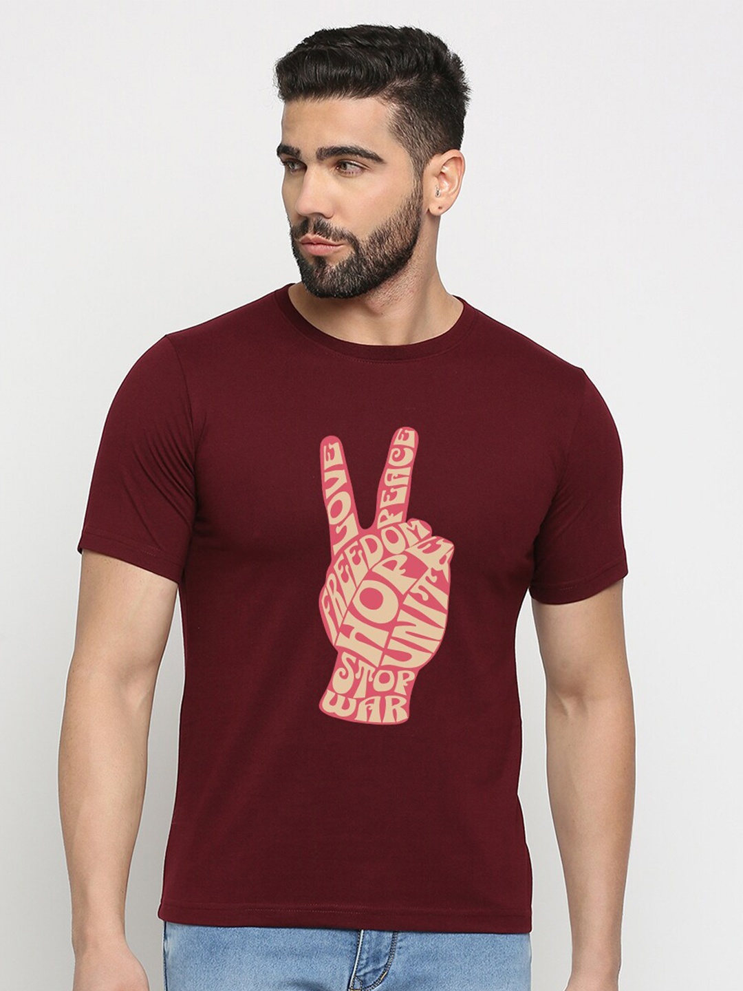 

MOD ECRU Round Neck Short Sleeves Printed Raw Edge T-shirt, Maroon