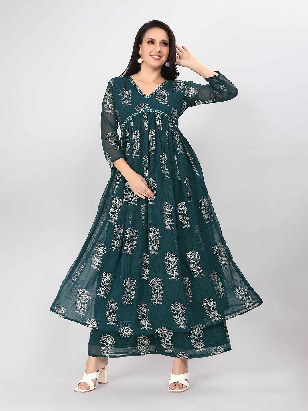 

choiceit Floral Printed V Neck Shaped Three Quarter Sleeves Empire Kurta with Palazzos, Teal