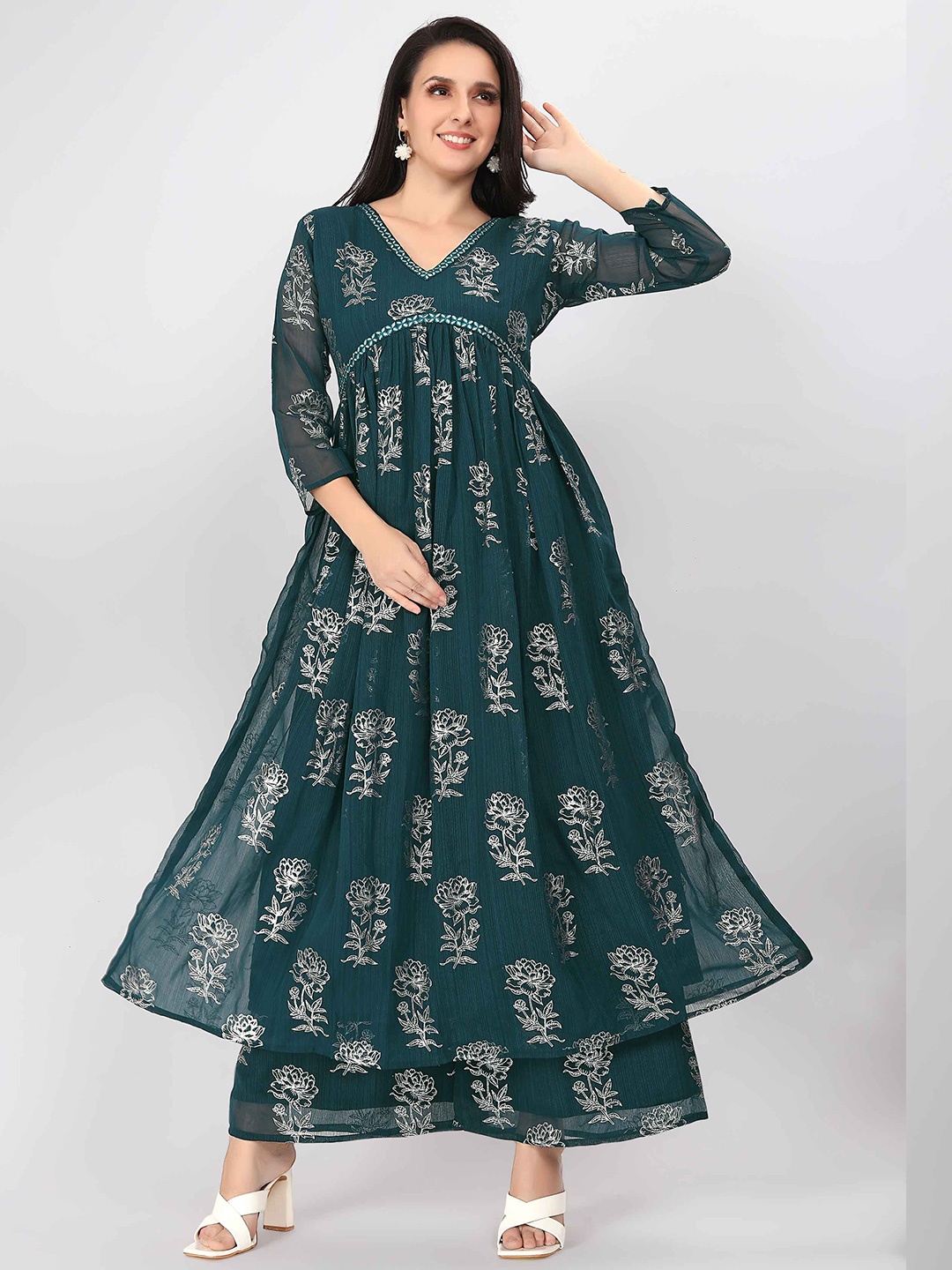 

choiceit Floral Printed V Neck Shaped Three Quarter Sleeves Empire Kurta with Palazzos, Teal