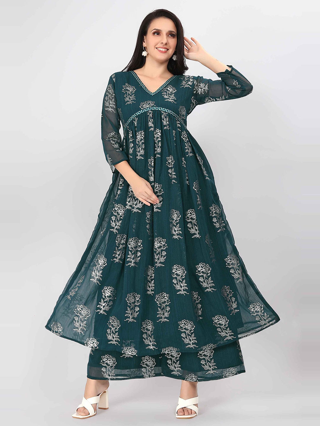 

choiceit Floral Printed Empire Mirror Work Kurta with Palazzos, Teal