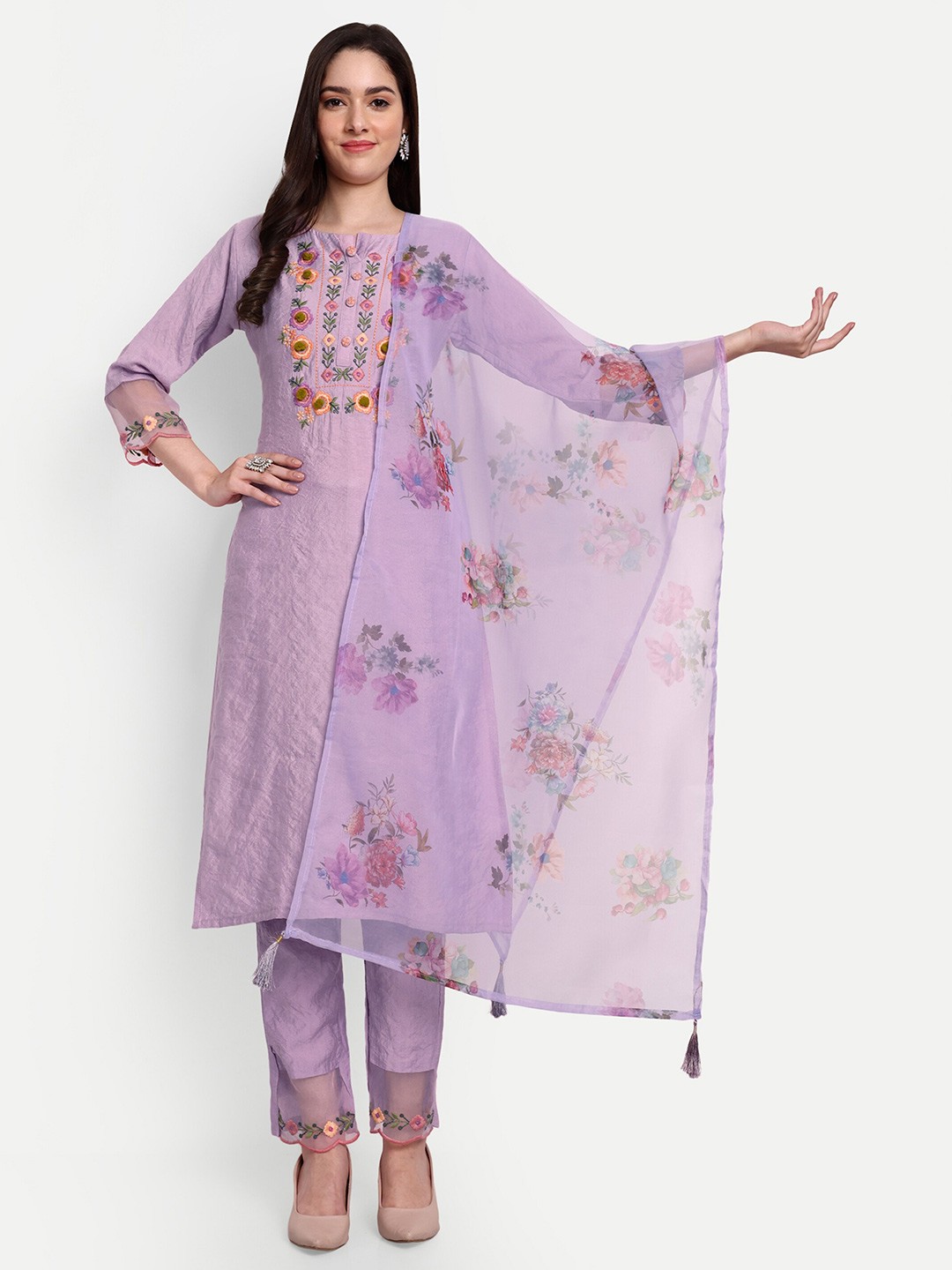 J.KANJI Floral Yoke Design Regular Thread Work Kurta with Trousers & Dupatta, Lavender