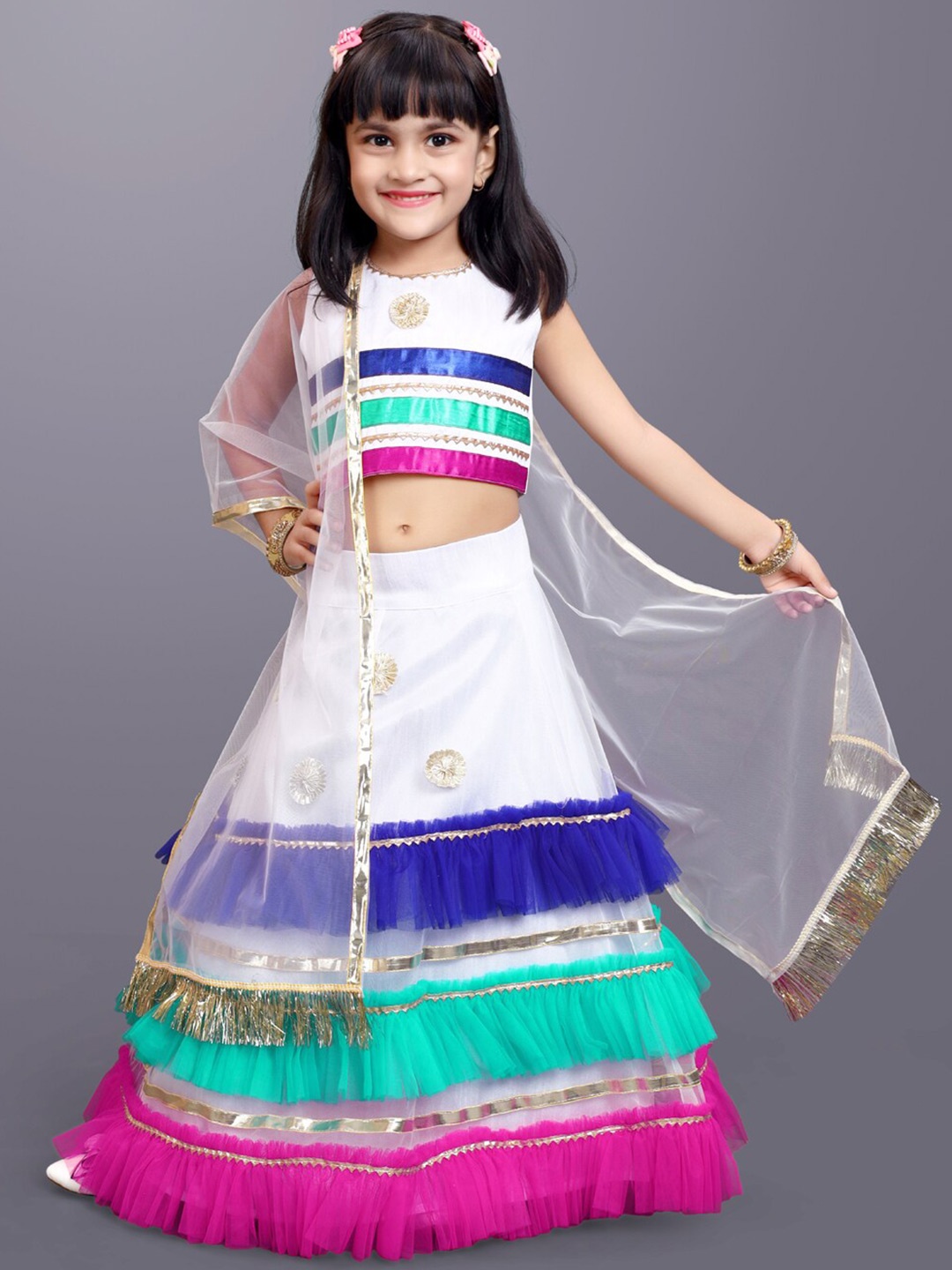 

BAESD Girls Striped Gotta Patti Ready to Wear Lehenga & Blouse With Dupatta, White